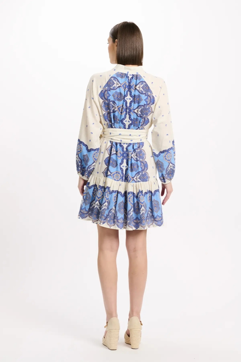 Dress Danae Short Dress With Long Sleeves and matching belt, 100% cotton printed - Miss June Paris - 6