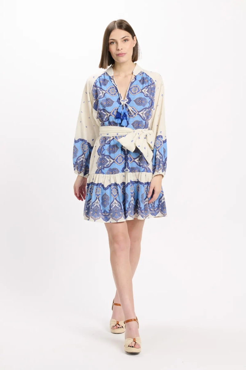 Dress Danae Short Dress With Long Sleeves and matching belt, 100% cotton printed - Miss June Paris - 4