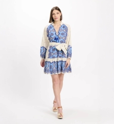 Dress Danae Short Dress With Long Sleeves and matching belt, 100% cotton printed - Miss June Paris - 4