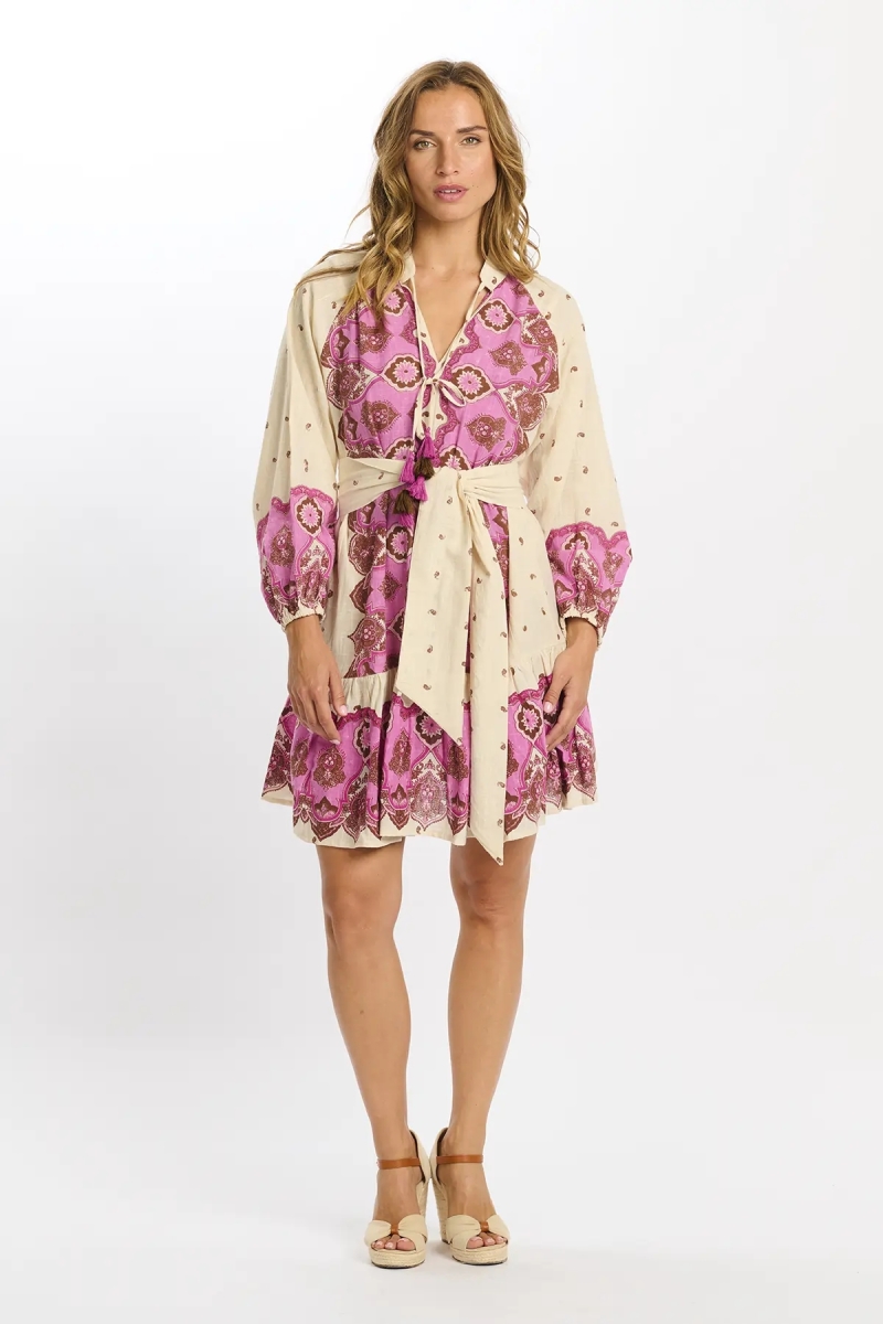 Vestido Danae – Vestido curto de mangas compridas com cinto a condizer, 100% algodão estampado – Miss June Paris - 7