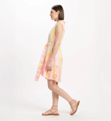 Vestido curto sem mangas Tracy com forro e cinto combinando, 100 % rayon estampado com lurex - Miss June Paris - 5
