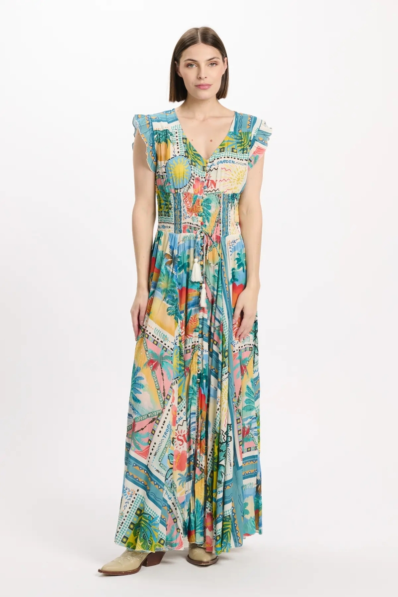 Vestido Taly – Vestido largo con mangas cortas, de modal estampado, 100 % modal – Miss June Paris - 2