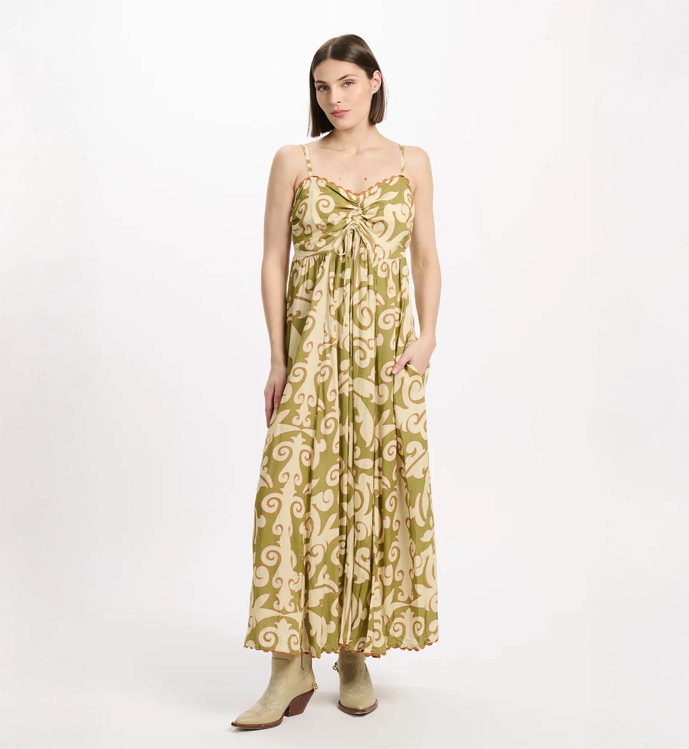 Dress Becky Thin Straps Long Dress with laces and pockets, 100% modal printed - Miss June Paris - 2