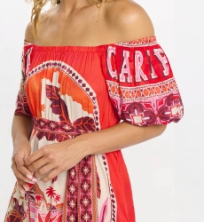 Miss June Paris — Vestido Longo Peony em Modal Vermelho Bardot