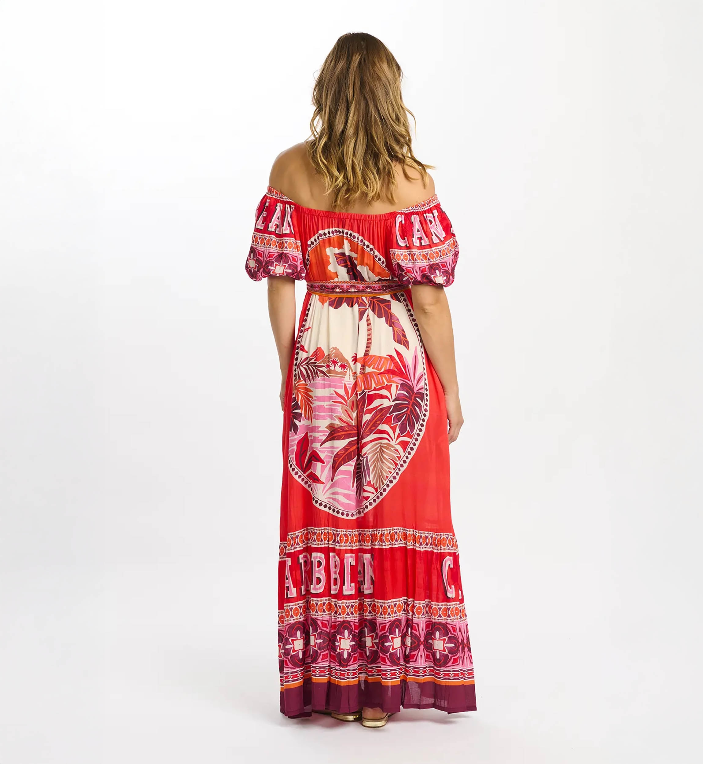 Miss June Paris — Vestido Longo Peony em Modal Vermelho Bardot