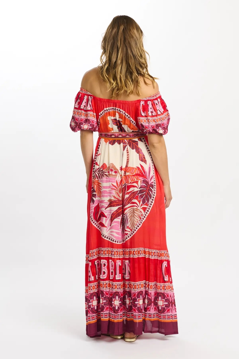 Miss June Paris — Vestido Longo Peony em Modal Vermelho Bardot