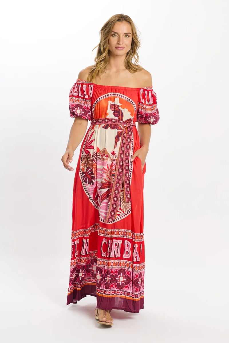 Miss June Paris — Vestido Longo Peony em Modal Vermelho Bardot