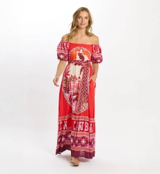 Miss June Paris — Vestido Longo Peony em Modal Vermelho Bardot