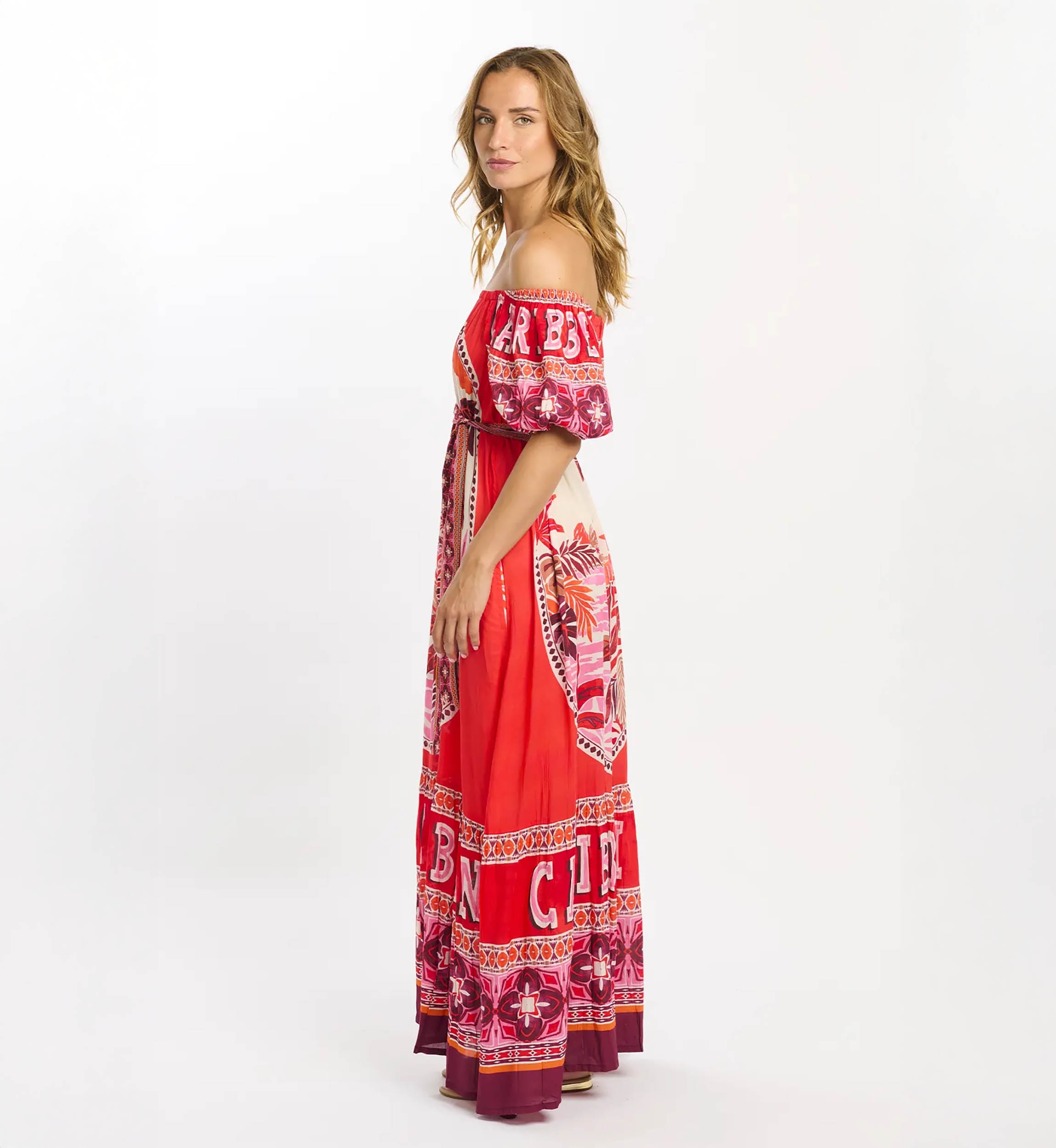Miss June Paris — Vestido Longo Peony em Modal Vermelho Bardot
