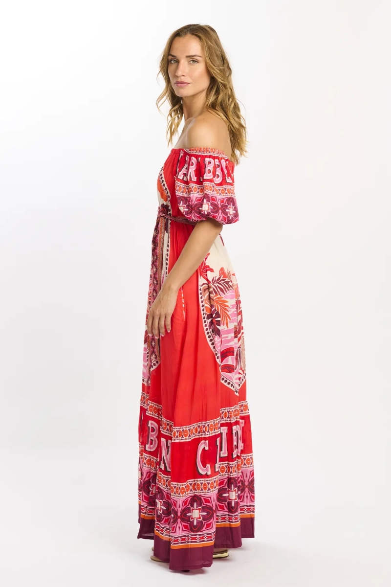 Miss June Paris — Vestido Longo Peony em Modal Vermelho Bardot