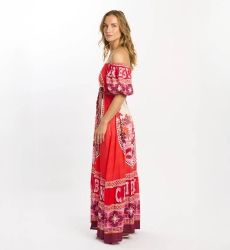 Dress Peony Short Sleeves Long Dress with pockets and matching belt , 100% modal printed - Miss June Paris - 5