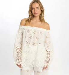 Top Opaline Off-shoulder Long Sleeved, 100% cotton with laces embroidery - Miss June Paris - 5