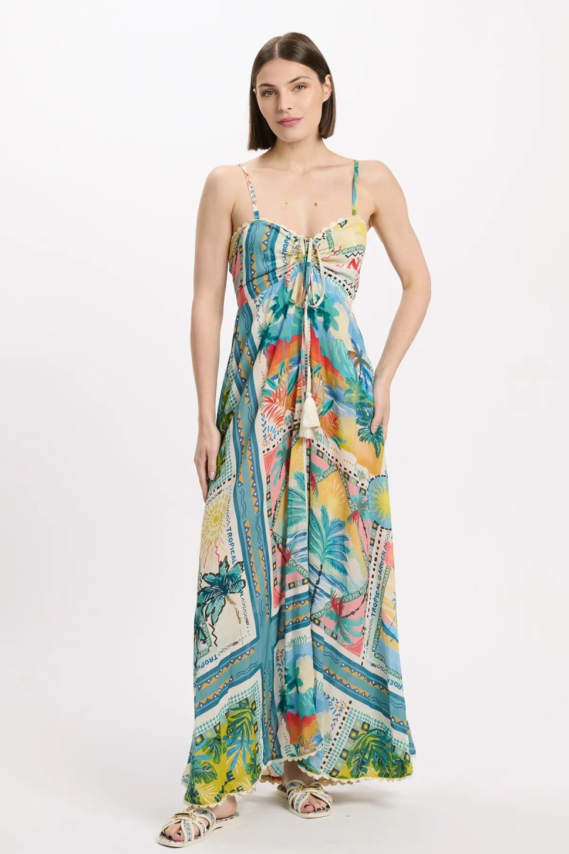Dress Britney Thin Straps Long, 100% modal printed with laces - Miss June Paris - 2