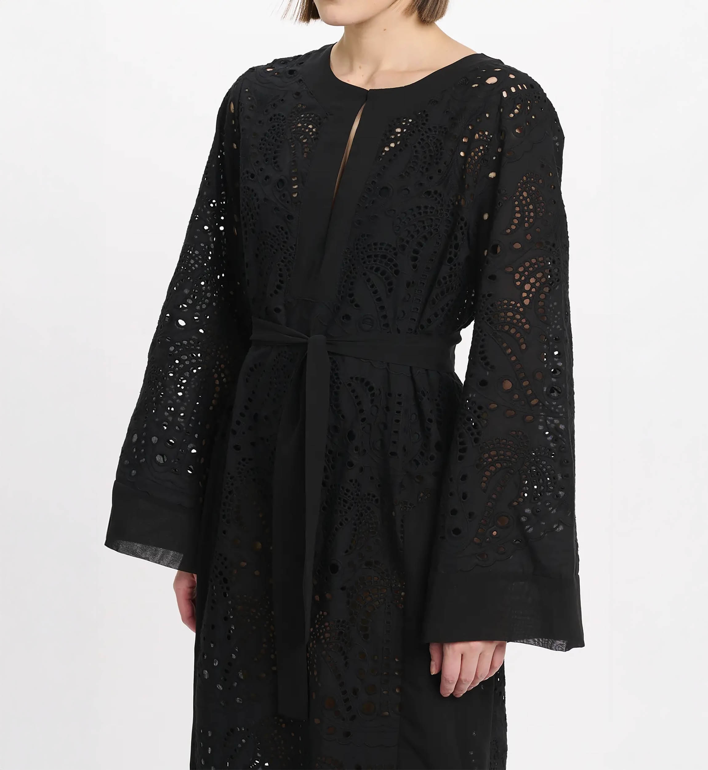 Dress Penny Long Sleeves Long Dress with belt, 100% cotton with laces embroidery - Miss June Paris - 4