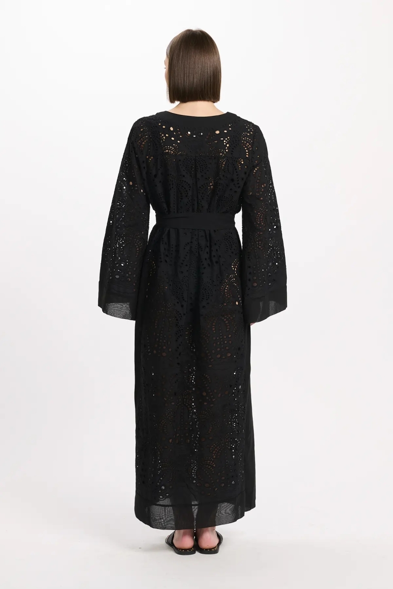 Vestido Penny – Vestido longo com mangas compridas e cinto, em algodão com bordados e laços, 100 % algodão – Miss June Paris - 5