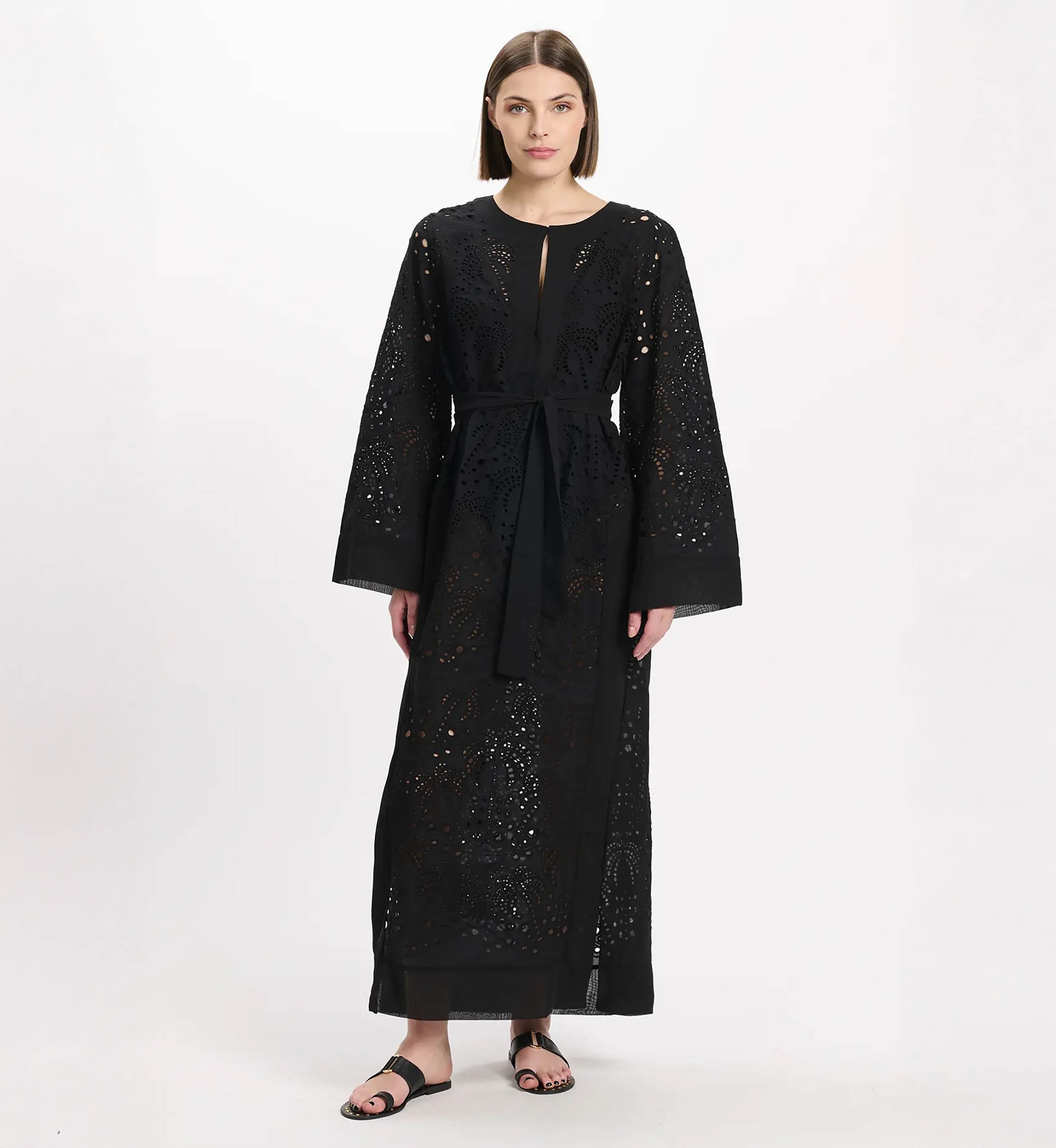 Dress Penny Long Sleeves Long Dress with belt, 100% cotton with laces embroidery - Miss June Paris - 3