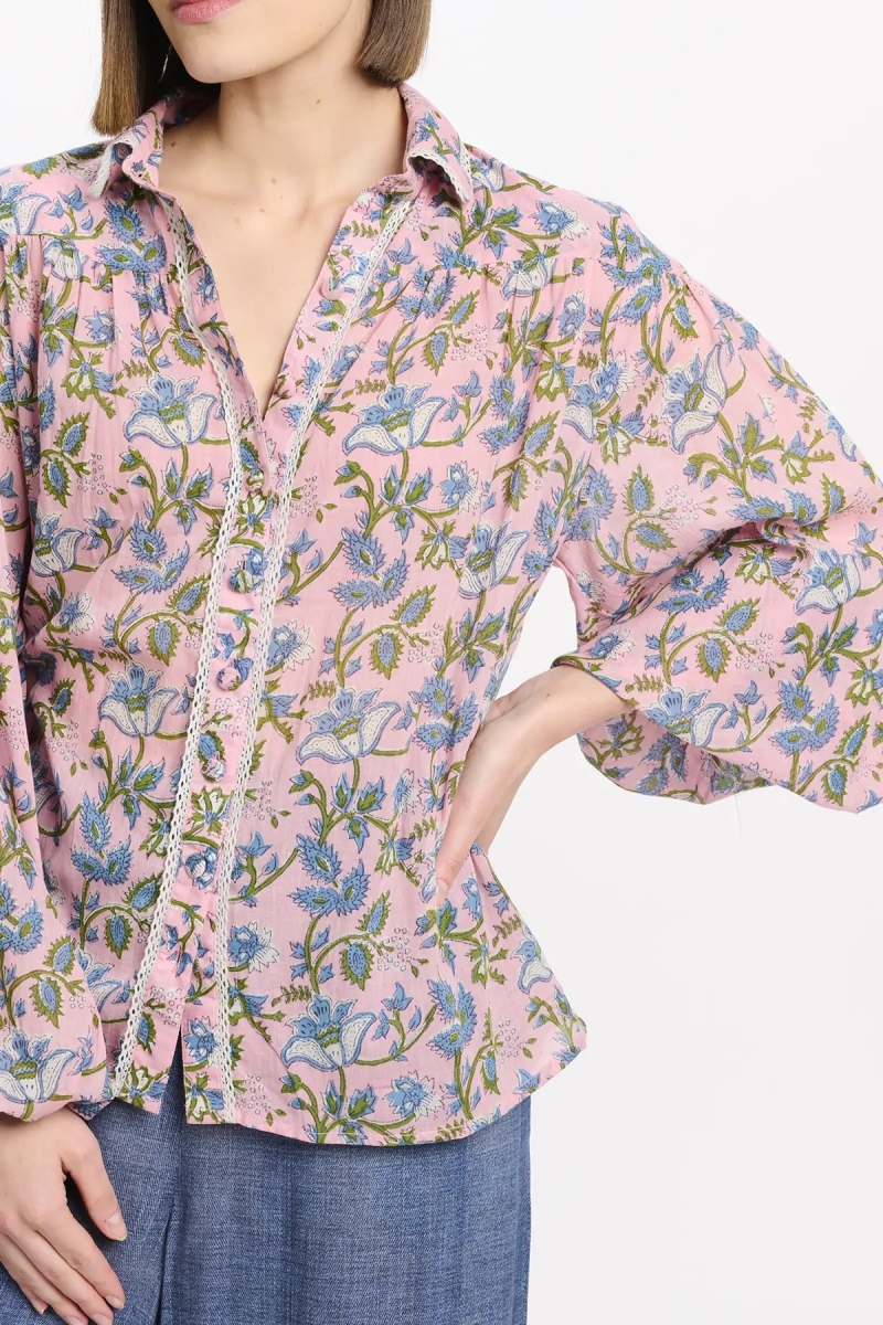 Camisa Azalee – Camisa de mangas compridas, em algodão estampado com laços, 100 % algodão – Miss June Paris - 3