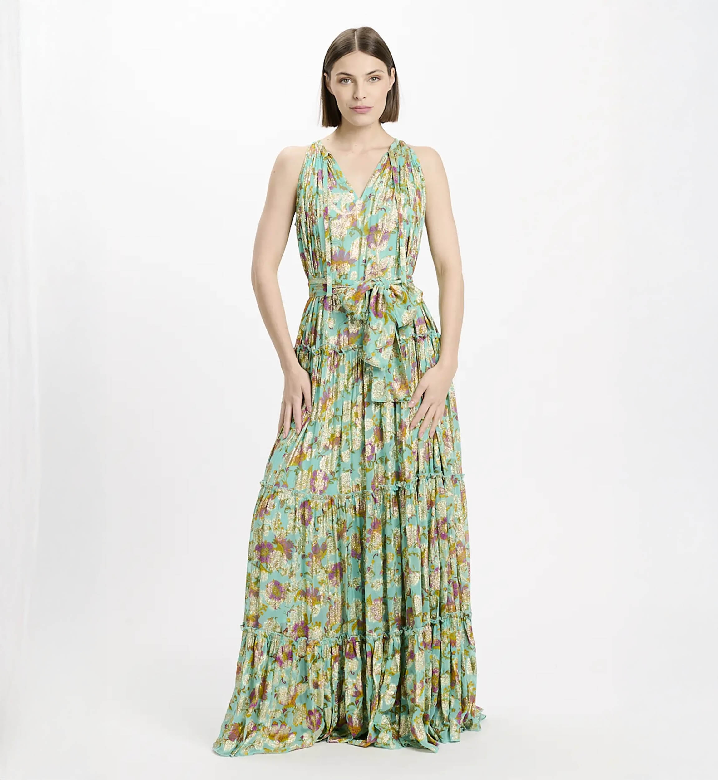 Chelsea long dress 100% rayon in aqua lurex, sleeveless with matching belt and lining – Miss June Paris – 2