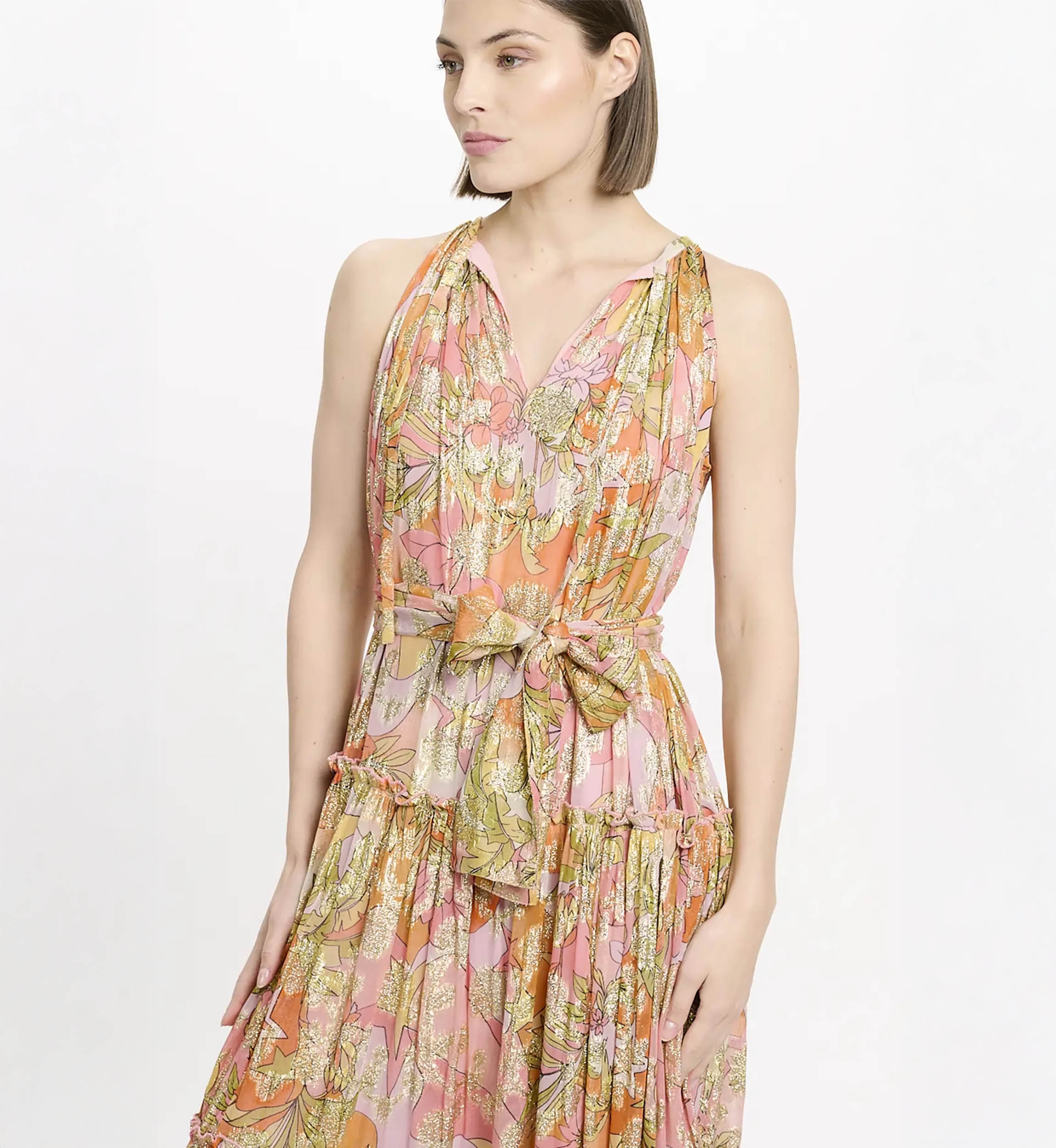 Vestido Brooke – Vestido largo rosa en rayón lurex con cinturón y forro a juego, 100 % rayón – Miss June Paris