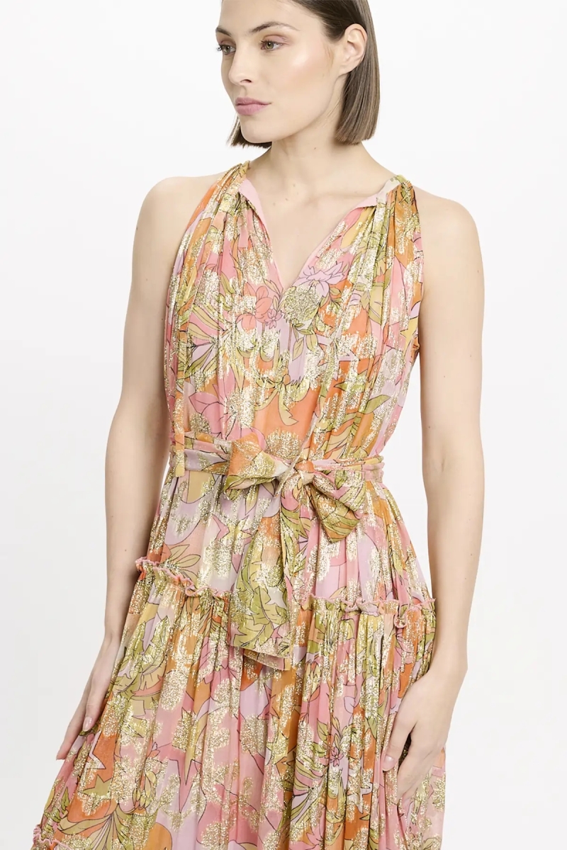 Vestido Brooke – Vestido longo rosa em rayon lurex com cinto e forro combinando, 100 % rayon – Miss June Paris