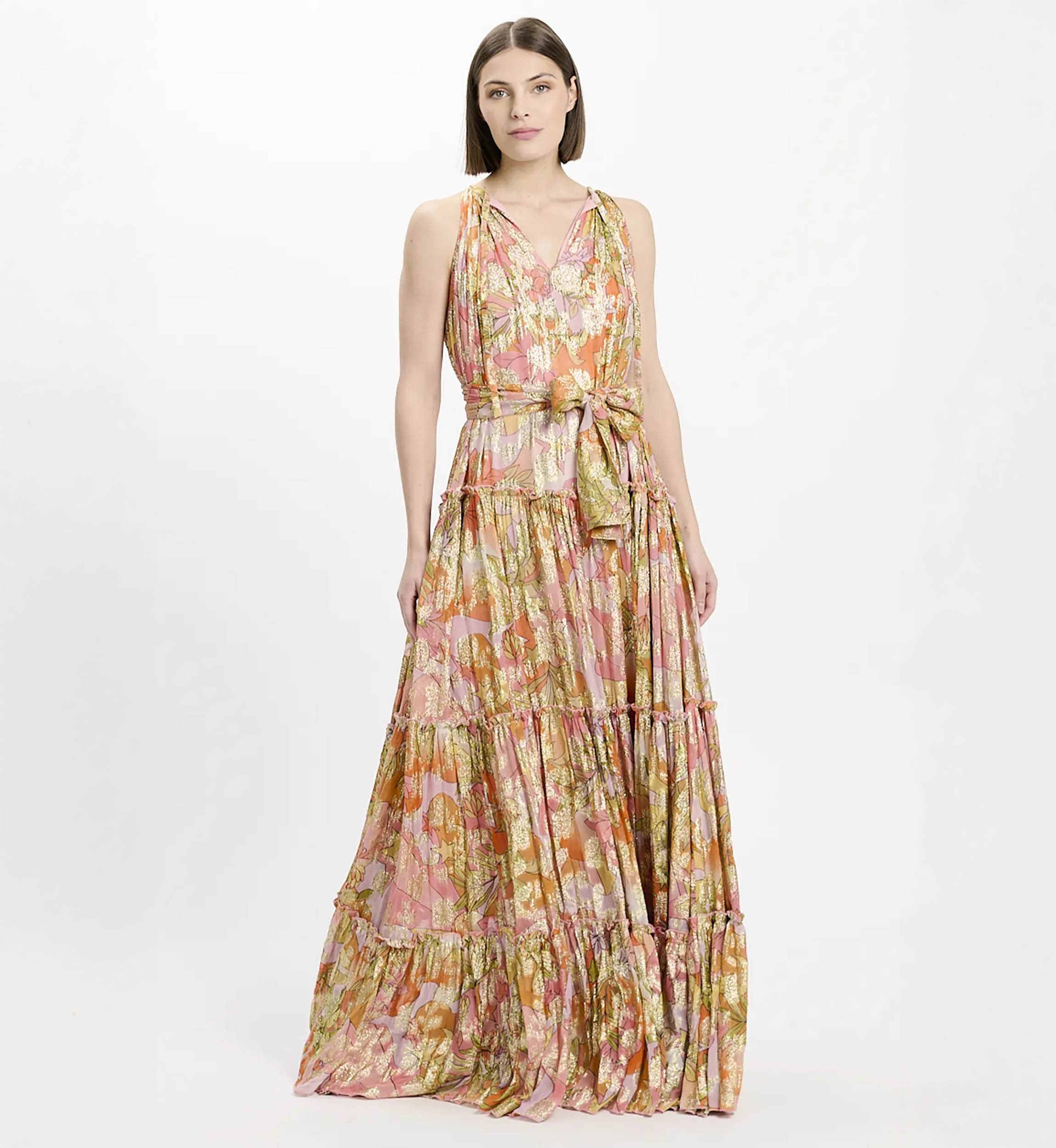 Vestido Brooke – Vestido largo rosa en rayón lurex con cinturón y forro a juego, 100 % rayón – Miss June Paris