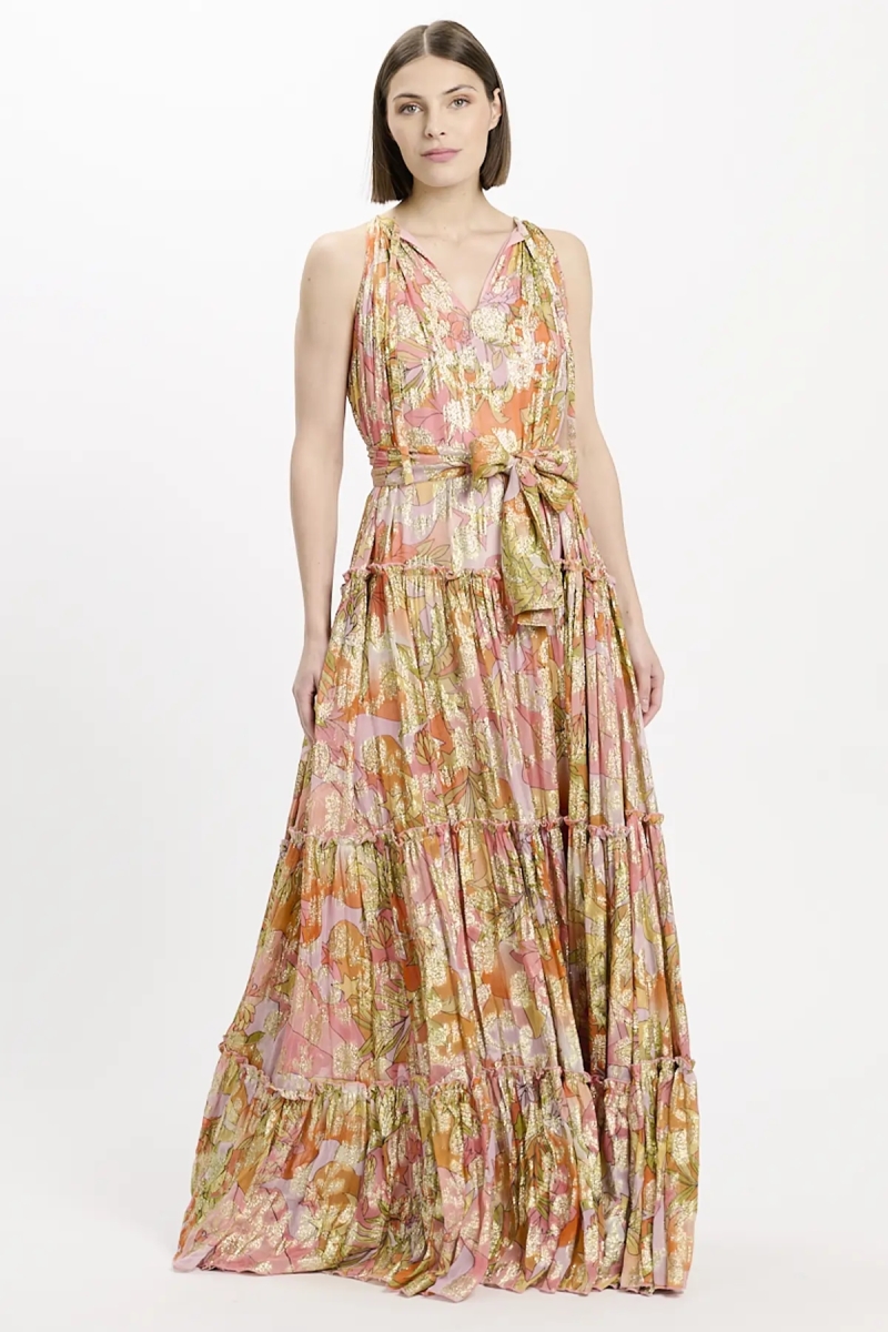 Vestido Brooke – Vestido longo rosa em rayon lurex com cinto e forro combinando, 100 % rayon – Miss June Paris