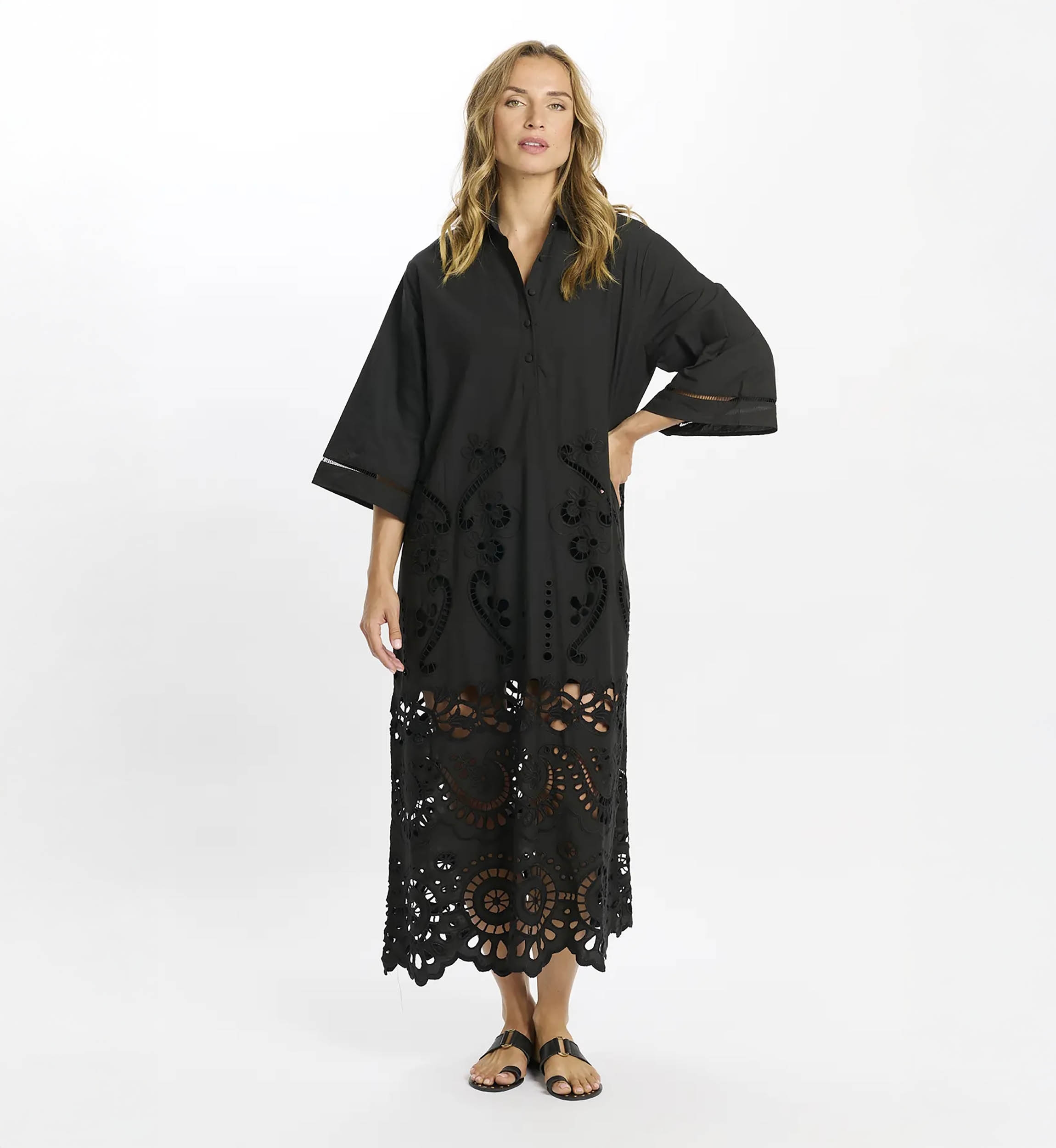 Vestido Adria – Vestido largo de manga larga con forro, de algodón con bordados y cordones, 100 % algodón – Miss June Paris - 4