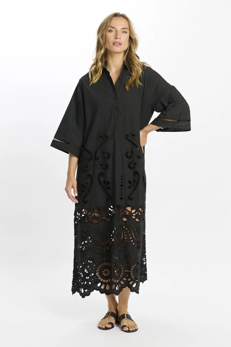 Dress Adria Long Sleeves Long with inner, 100% cotton with laces embroidery - Miss June Paris - 4