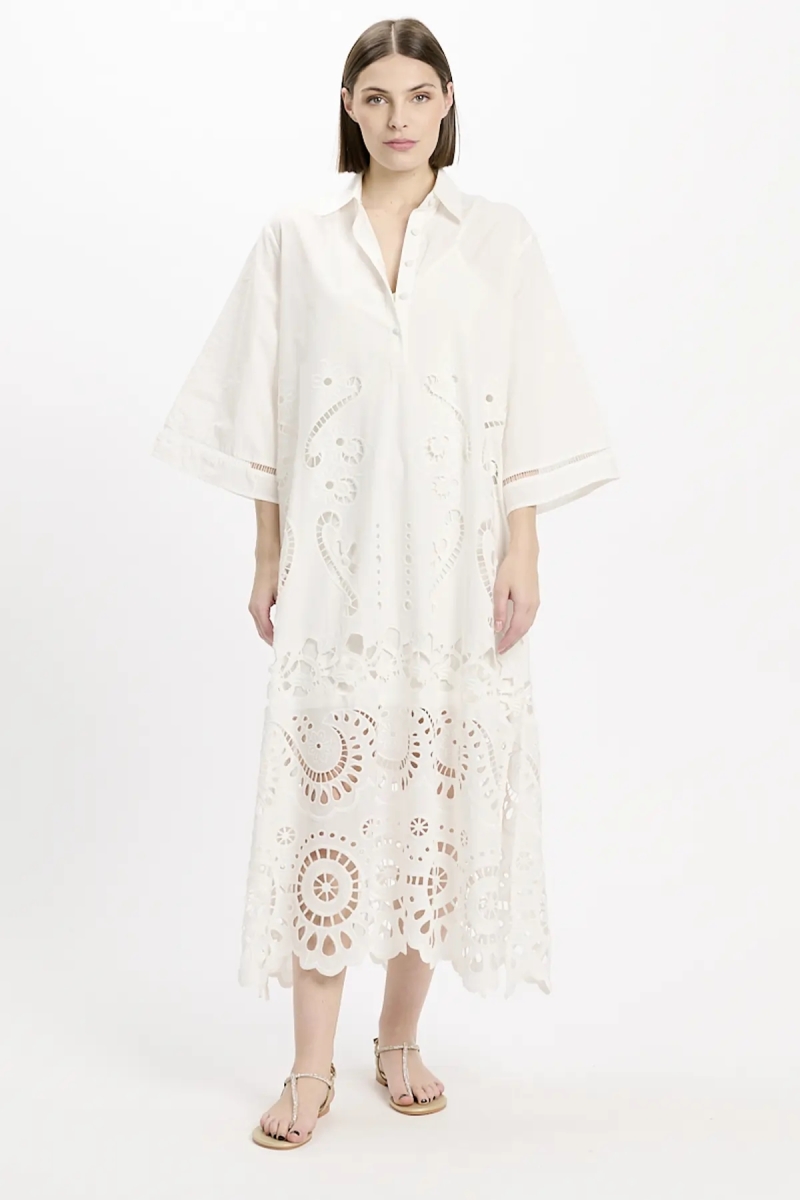 Dress Adria Long Sleeves Long with inner, 100% cotton with laces embroidery - Miss June Paris - 5
