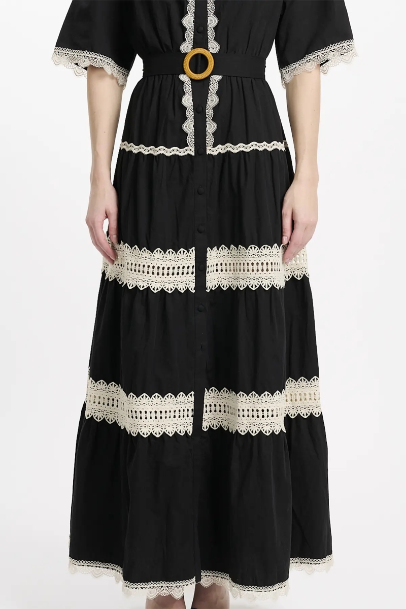 Vestido Betty – Vestido longo com mangas curtas e cinto, em algodão com bordados e laços, 100 % algodão – Miss June Paris - 9