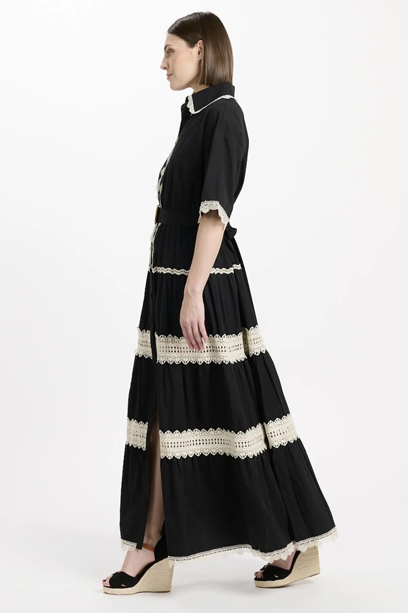 Vestido Betty – Vestido longo com mangas curtas e cinto, em algodão com bordados e laços, 100 % algodão – Miss June Paris - 7