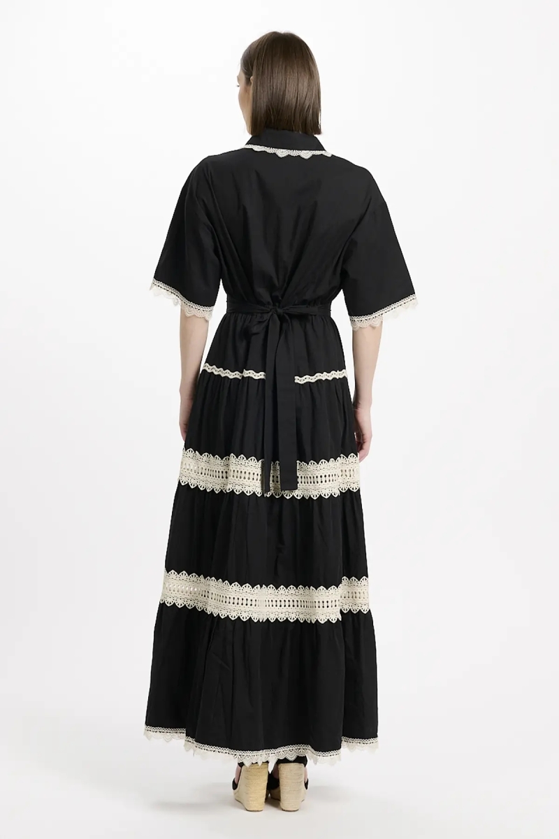 Vestido Betty – Vestido longo com mangas curtas e cinto, em algodão com bordados e laços, 100 % algodão – Miss June Paris - 11
