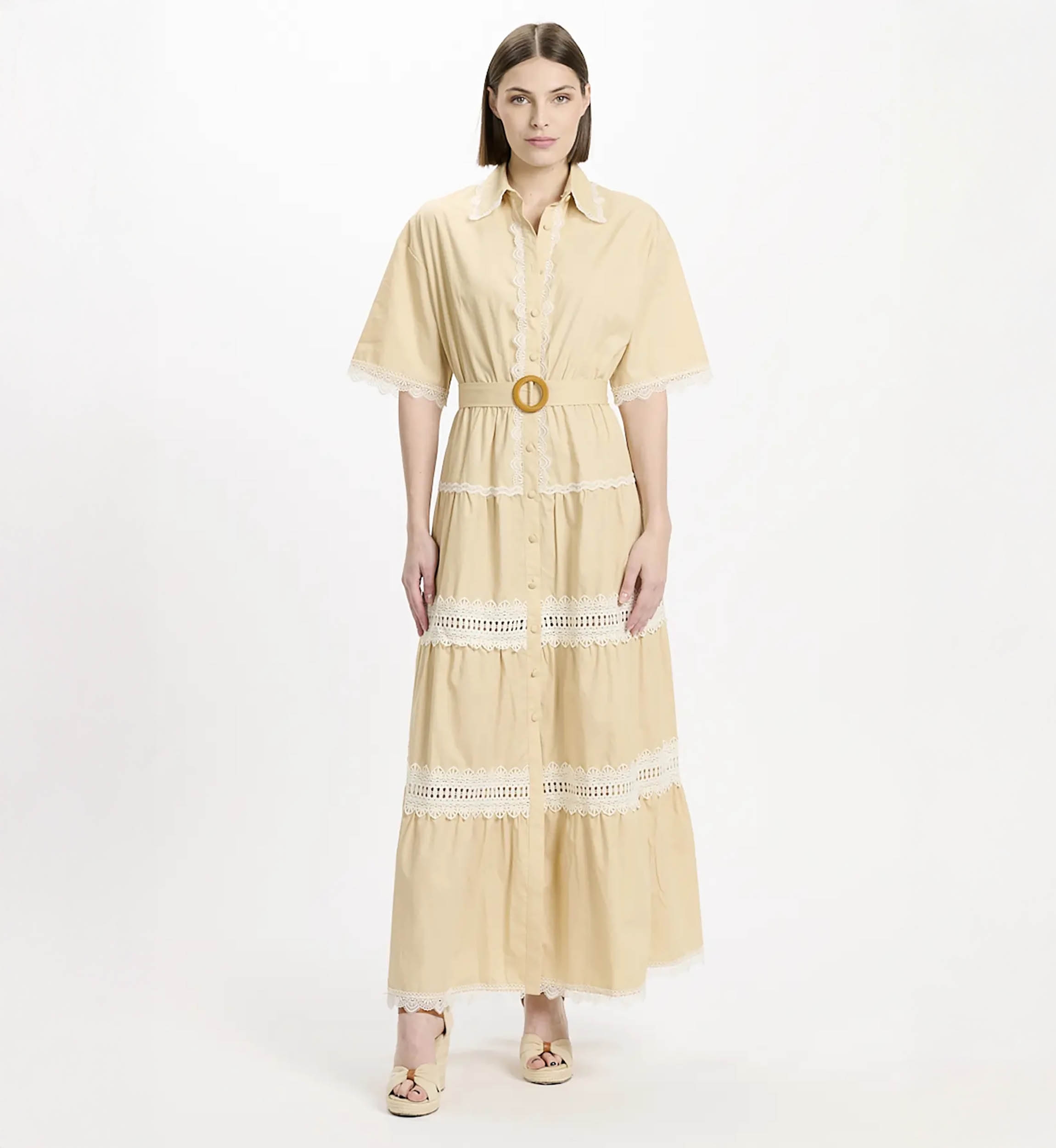 Vestido Betty – Vestido largo con mangas cortas y cinturón, 100 % algodón con bordados de encaje – 4