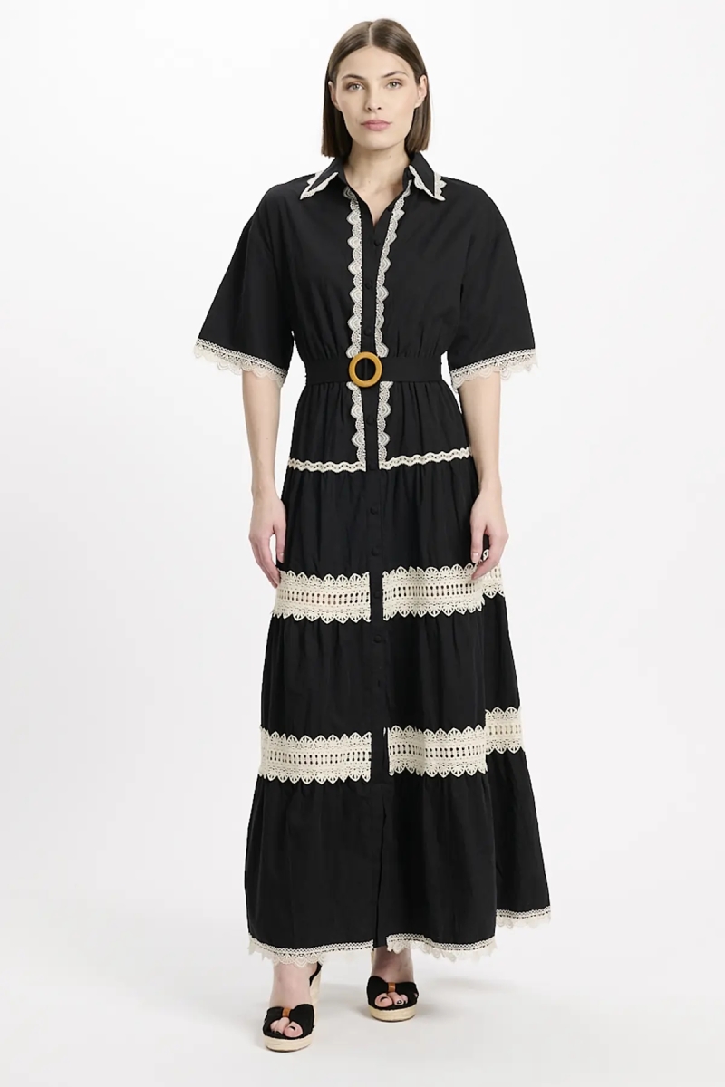 Vestido Betty – Vestido longo com mangas curtas e cinto, em algodão com bordados e laços, 100 % algodão – Miss June Paris - 5