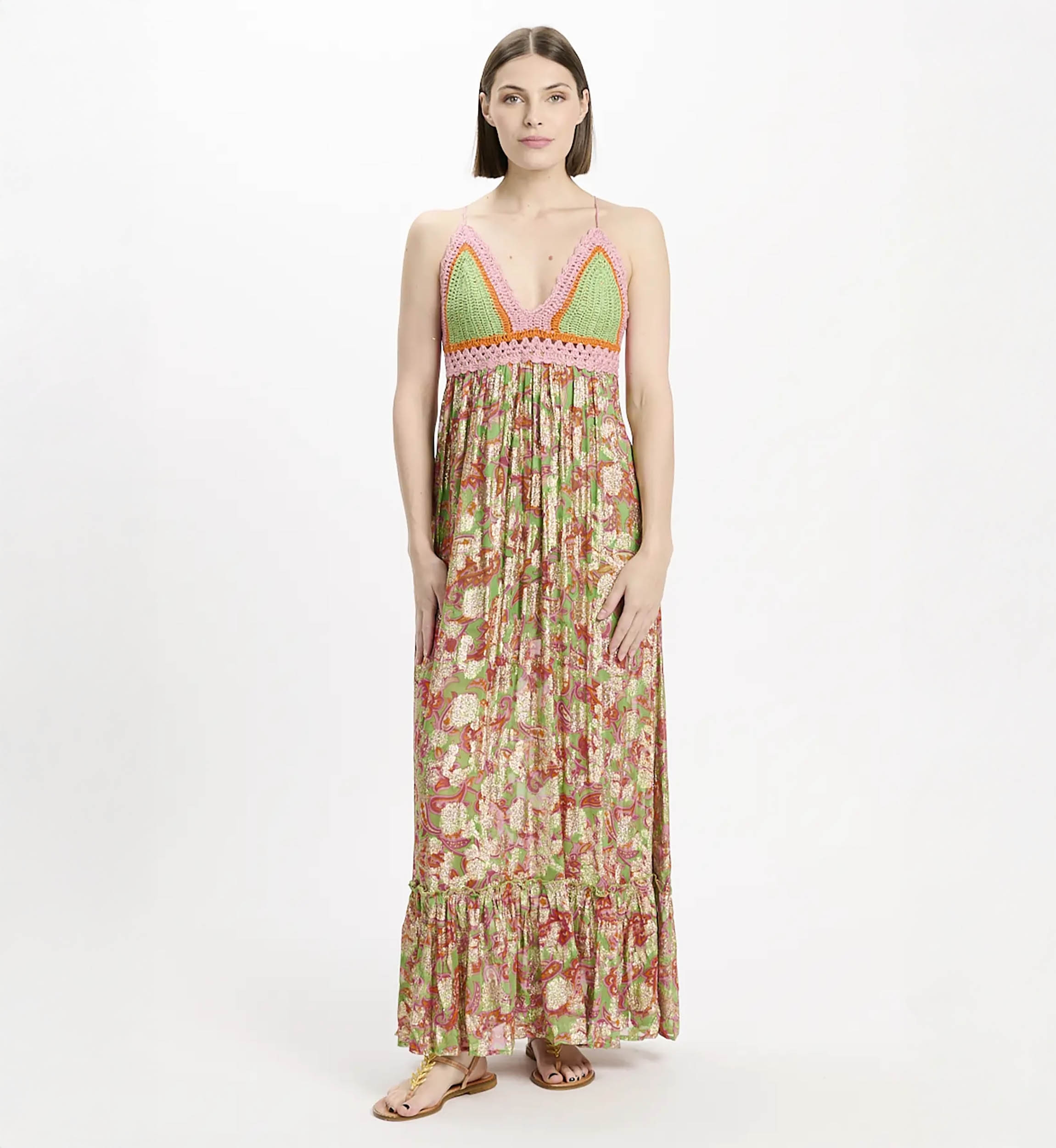 Vestido Bari – Vestido longo com alças finas e forro, em modal com lurex e crochê de algodão, 100 % modal – Miss June Paris - 2