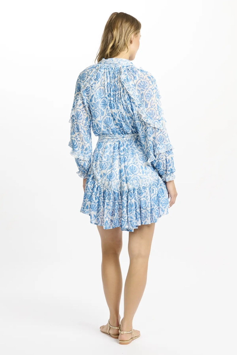 Vestido Babeth – Vestido corto azul con mangas largas, cinturón y forro a juego, 100 % rayón – Miss June Paris - 5