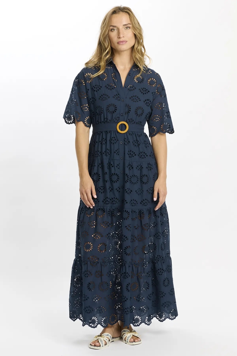Vestido Apoline – Vestido longo com mangas curtas e cinto, 100 % algodão com renda – Miss June Paris – 3