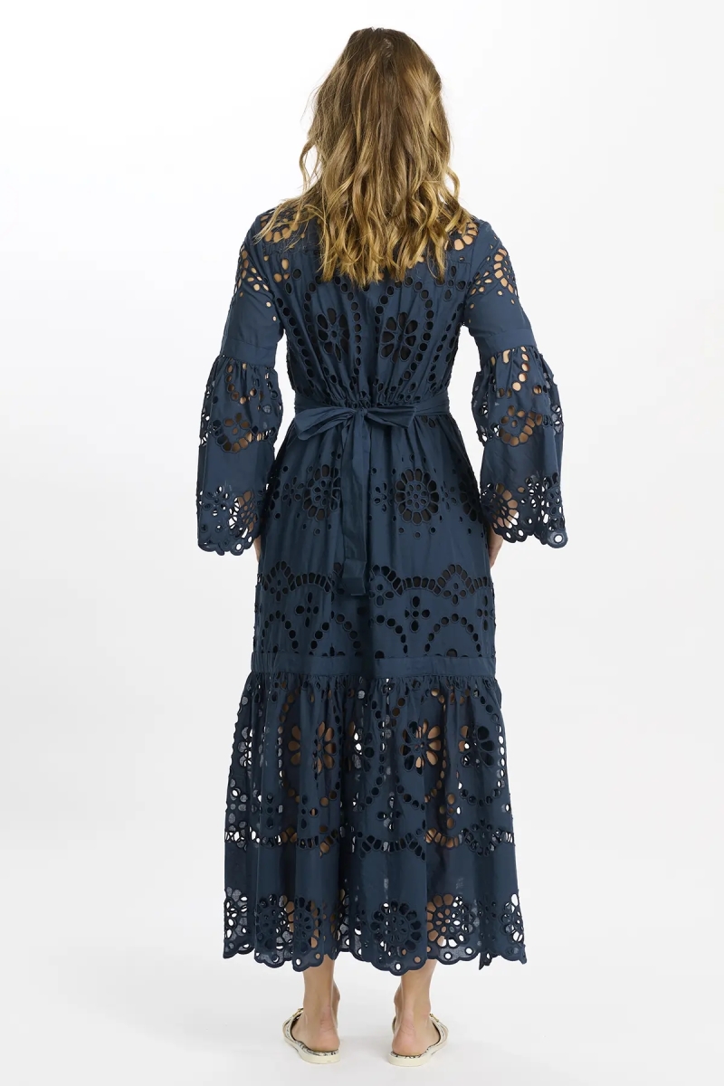 Dress Aurelia Long Sleeves Long Dress, 100% cotton laces with inner and belt - Miss June Paris - 5