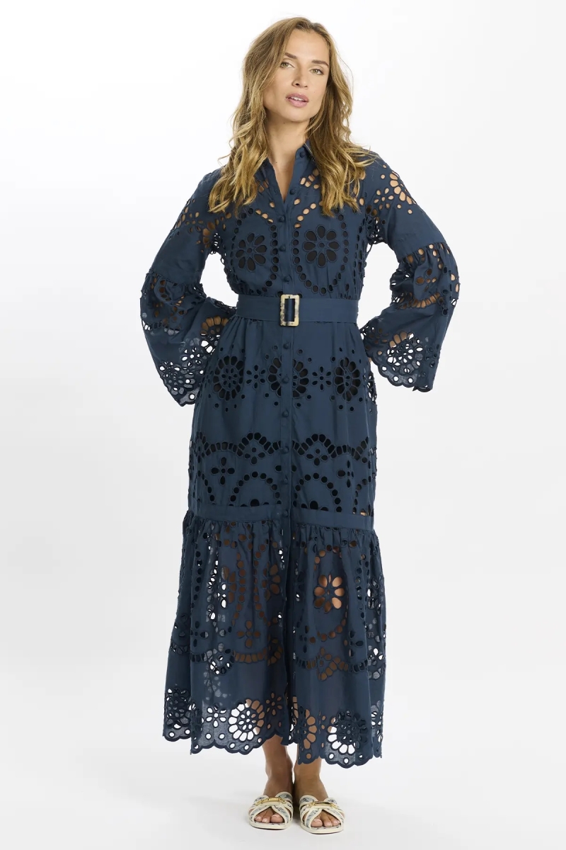 Dress Aurelia Long Sleeves Long Dress, 100% cotton laces with inner and belt - Miss June Paris - 2