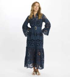 Vestido Aurelia – Vestido longo com mangas compridas, 100 % algodão com renda, forro e cinto – Miss June Paris - 2