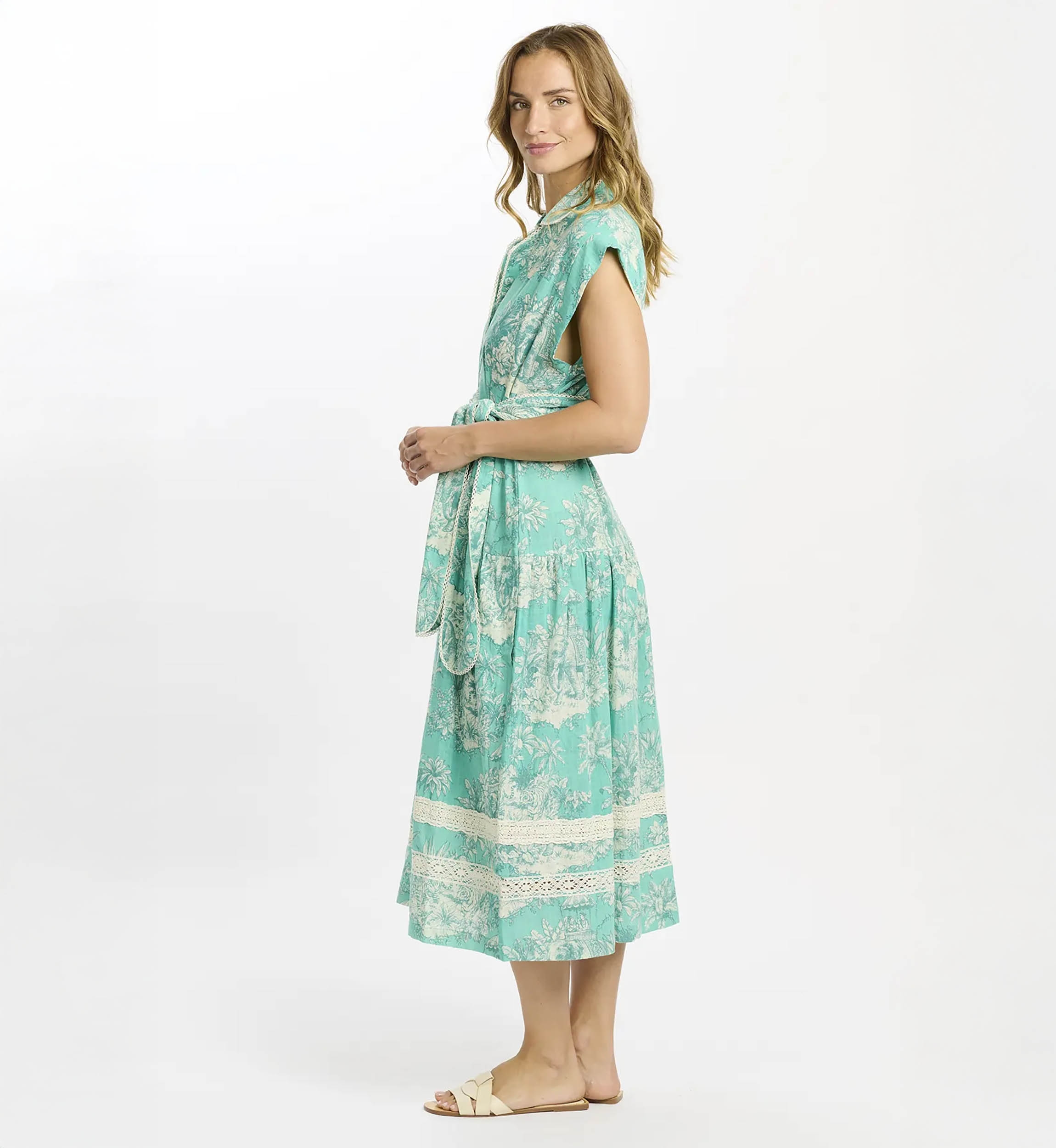 Vestido Avani largo – Vestido midi color aqua con forro y cinturón, 100 % algodón flameado estampado – Miss June Paris - 4