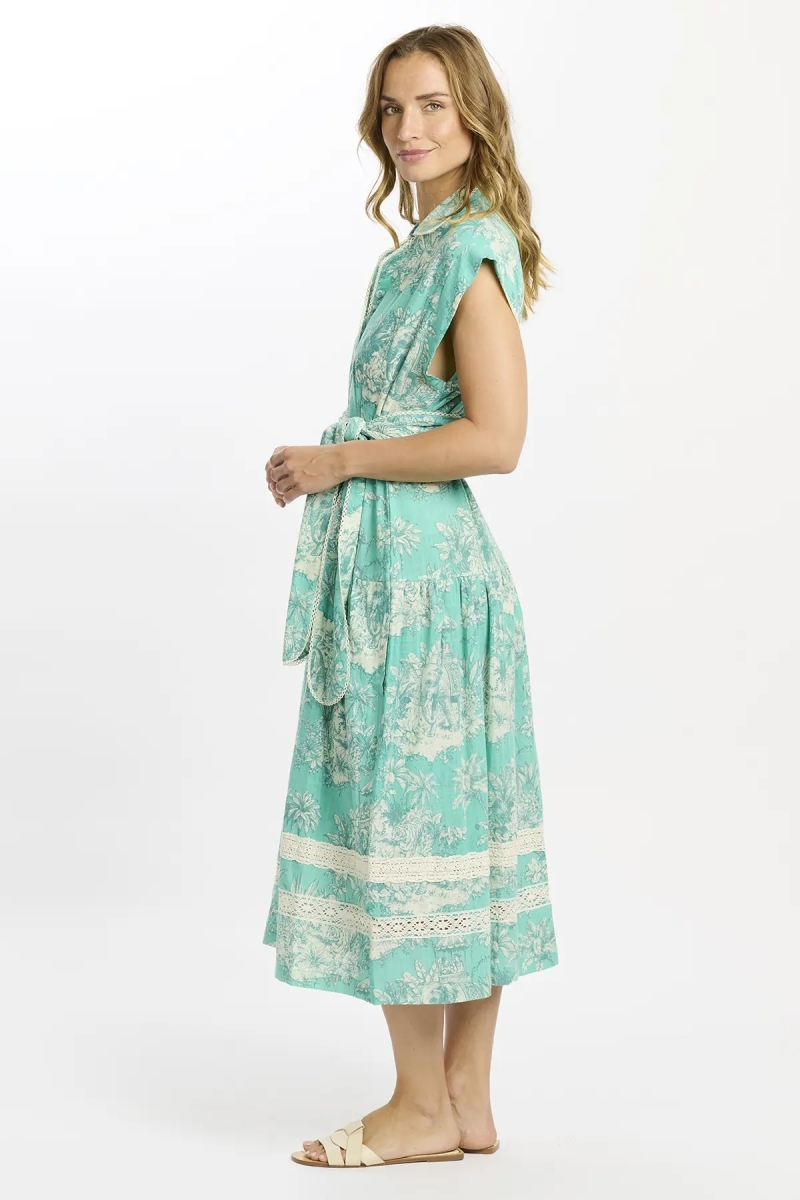 Vestido Avani longo – Vestido midi aqua com forro e cinto, 100 % algodão flammé estampado – Miss June Paris - 4