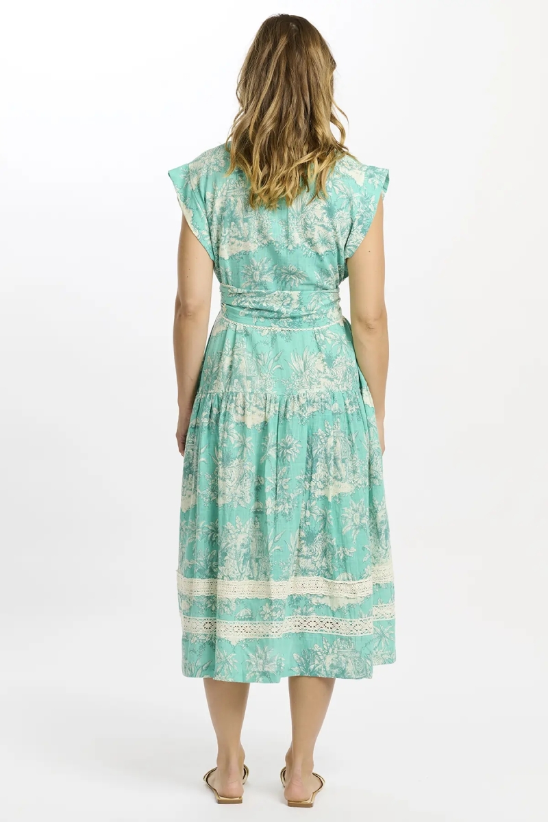Vestido Avani longo – Vestido midi aqua com forro e cinto, 100 % algodão flammé estampado – Miss June Paris - 5
