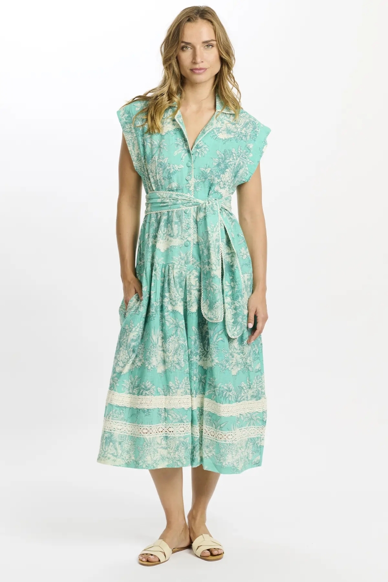 Vestido Avani longo – Vestido midi aqua com forro e cinto, 100 % algodão flammé estampado – Miss June Paris - 2