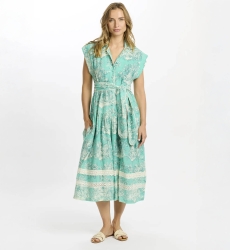 Vestido Avani longo – Vestido midi aqua com forro e cinto, 100 % algodão flammé estampado – Miss June Paris - 2
