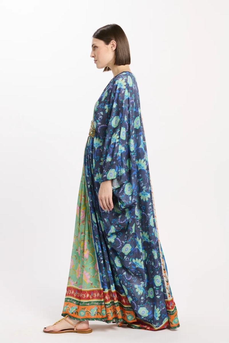 Vestido Bahya com alças finas compridas, 100% modal estampado com bordado e cinto interno – Miss June Paris - 5