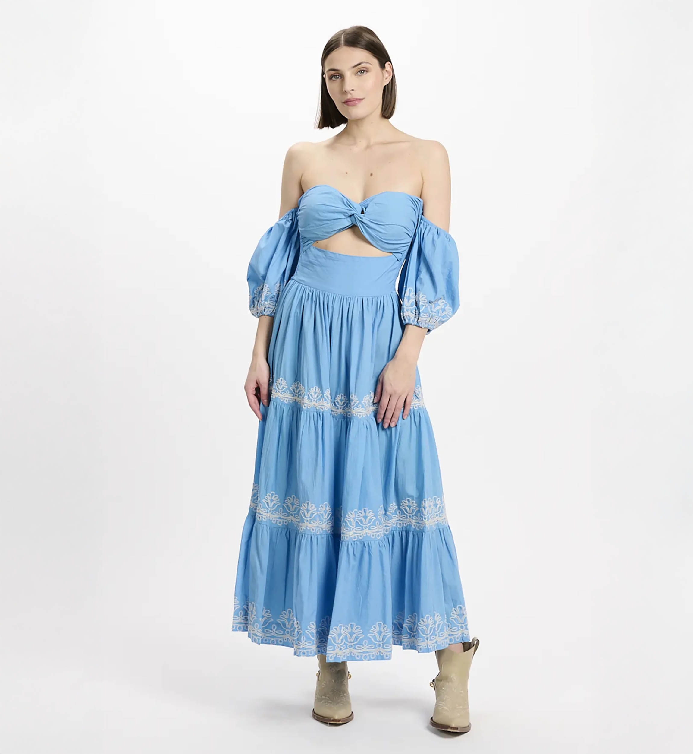 Vestido Oxane – Vestido longo de mangas curtas, 100% algodão com bordados – Miss June Paris - 4