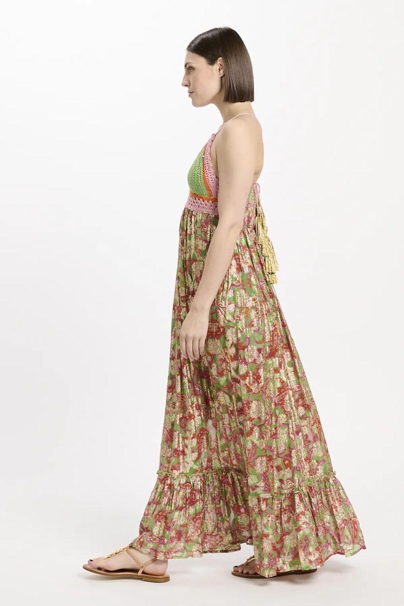 Vestido Bari – Vestido longo com alças finas e forro, em modal com lurex e crochê de algodão, 100 % modal – Miss June Paris - 5