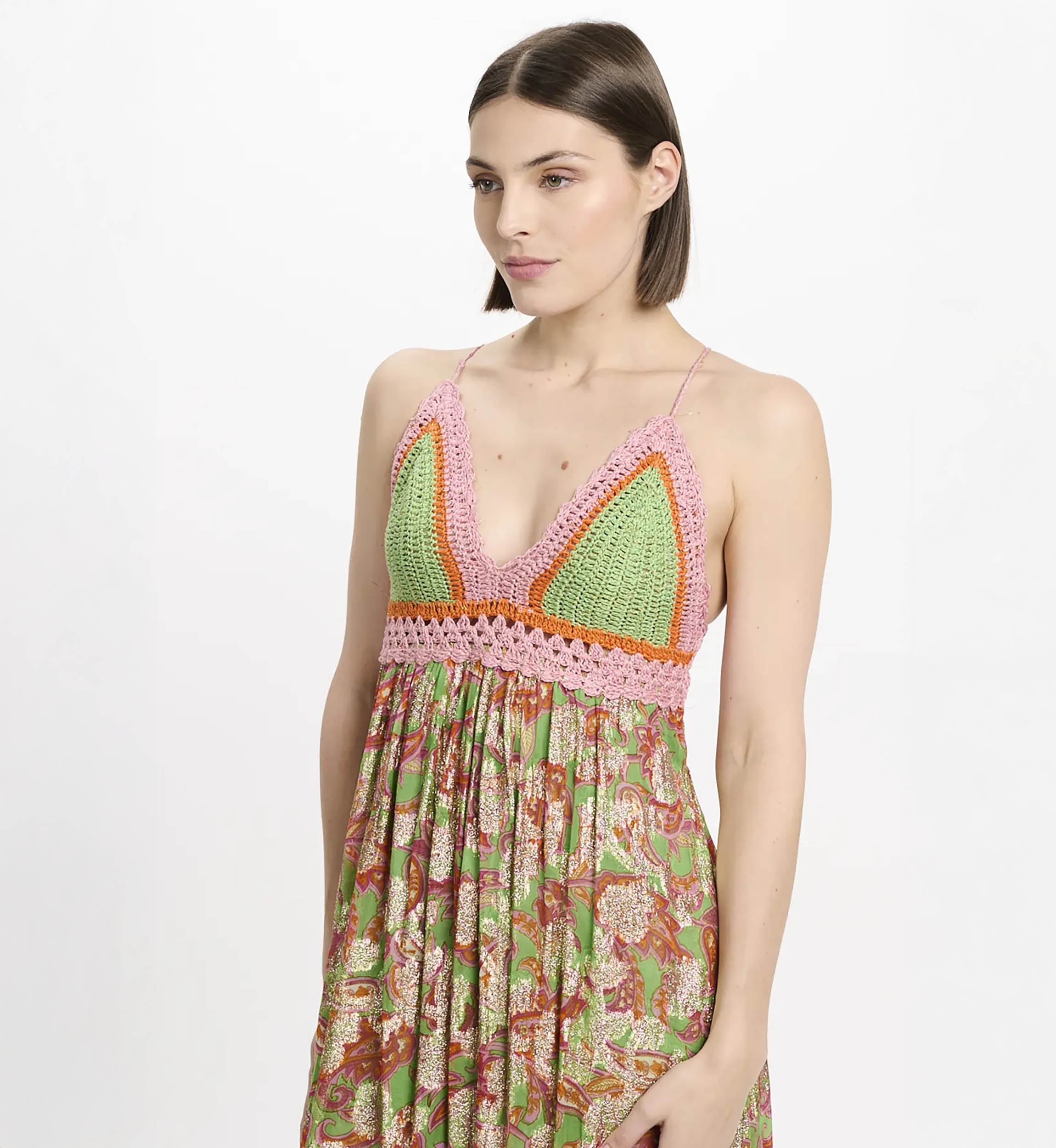 Vestido Bari – Vestido longo com alças finas e forro, em modal com lurex e crochê de algodão, 100 % modal – Miss June Paris - 3