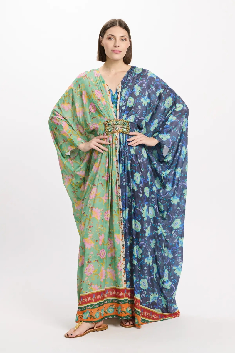 Dress Bahya Thin Straps Long, 100 % modal printed with embroidery and belt inside – Miss June Paris